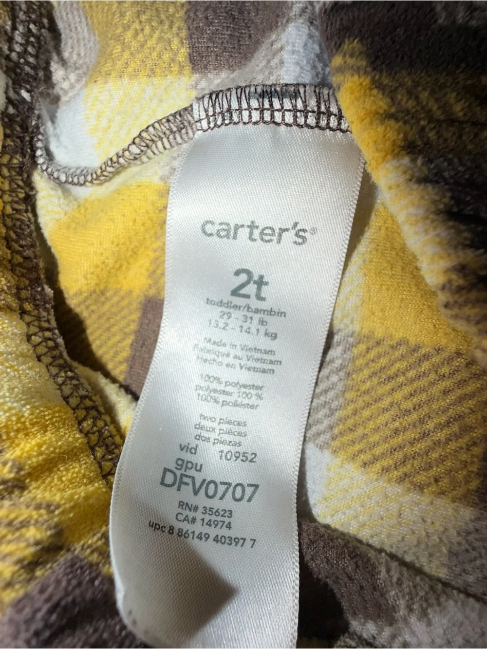 Boys girls toddler 2T pants Carter's Yellow & Brown Plaid Kids Pajama Pants